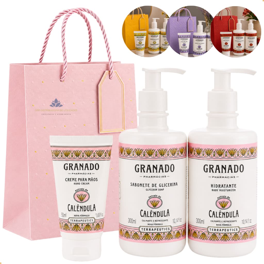 Kit Hidratante Creme Mãos Sabonete Liquido Granado Presente Calêndula