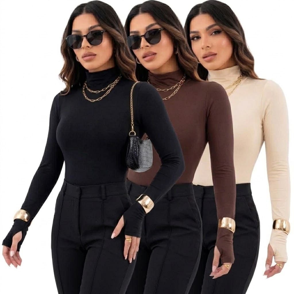 Kit Blusa Feminina Modelo Cacharrel Gola Alta com detalhe nas mangas dedinho Segunda Pele