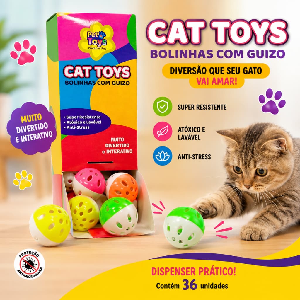 Kit 36 Bolinhas Dispenser Guizo Gatos Calopsitas Brinquedo Interativo Colorido Resistente Anti-Stress 4cm Divertido