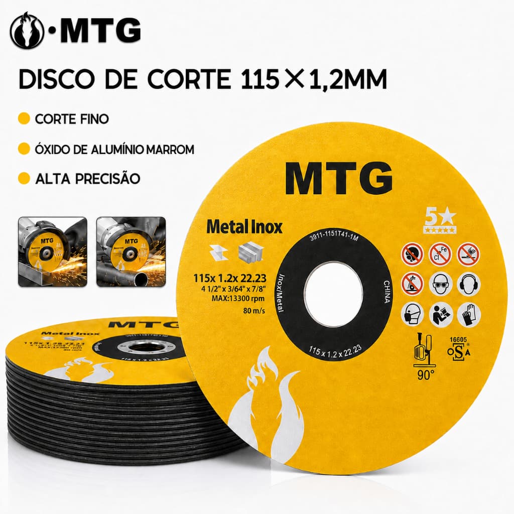 Disco de Corte 115x1,2mm para Esmerilhadeira, Óxido de Alumínio, Corte Rápido para Metal e Aço