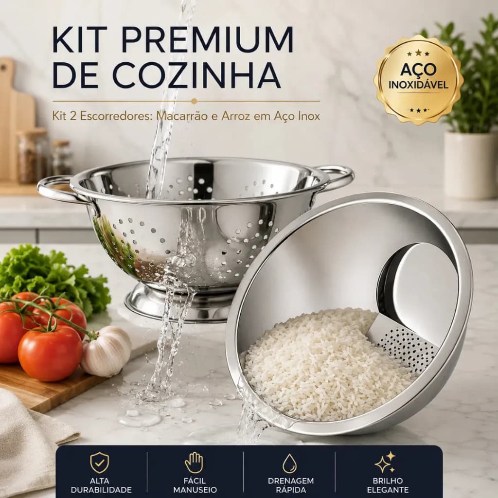 Kit Escorredor De Macarrão Massas + Escorredor Arroz Aço Inox Linha Gourmet Para Casa Cozinha