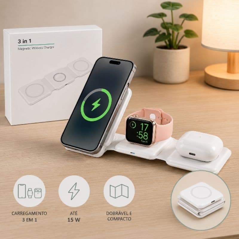 Carregador Sem Fio Magnético 3 em 1 Dobrável 15W para Celular, Smartwatch e Fones