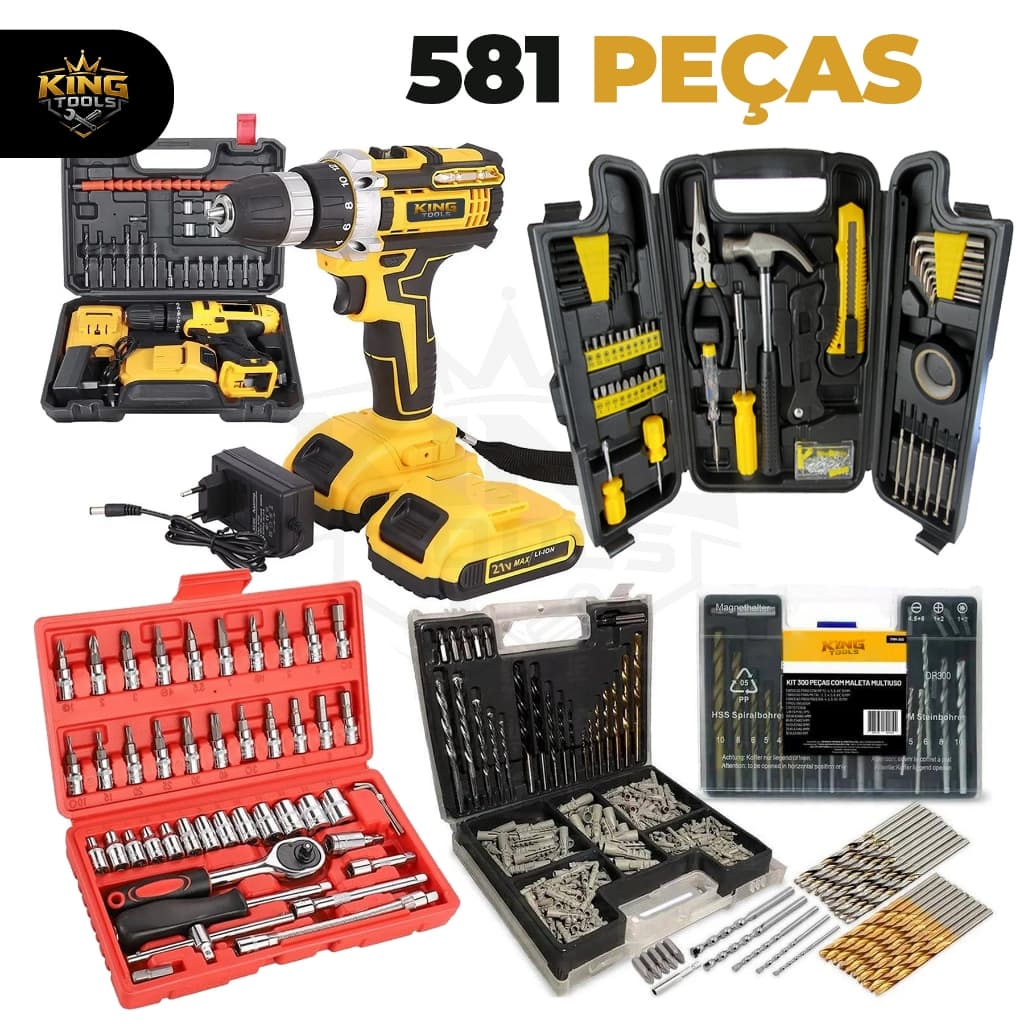 Kit Ferramentas 581 Peças + Parafusadeira 48V Sem Fio Completa + Jogo de Brocas Bits Soquetes 46 Peças Profissional