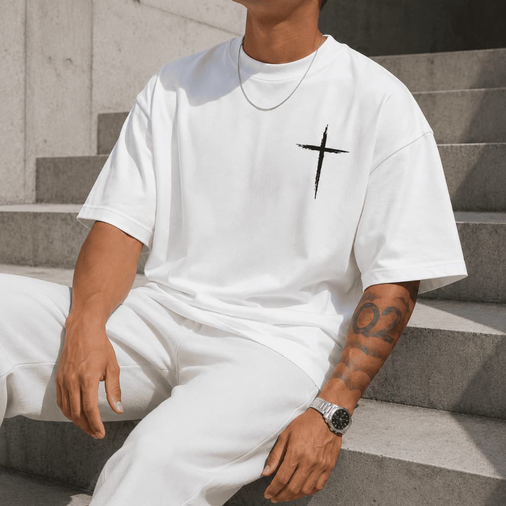 Camiseta Masculina Oversized Cristã Cruz Minimalista Streetwear Manga Curta Casual Preta ou Branca