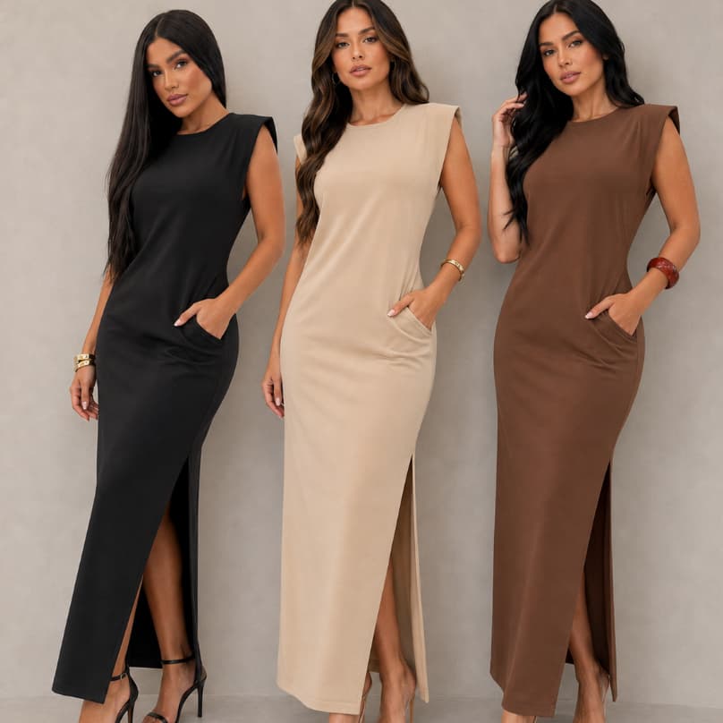 Vestido Longo Basico Muscle Tee Canelado Feminino Ribana Fenda Com Bolsos Casual Elegante Moda Gringa Premium