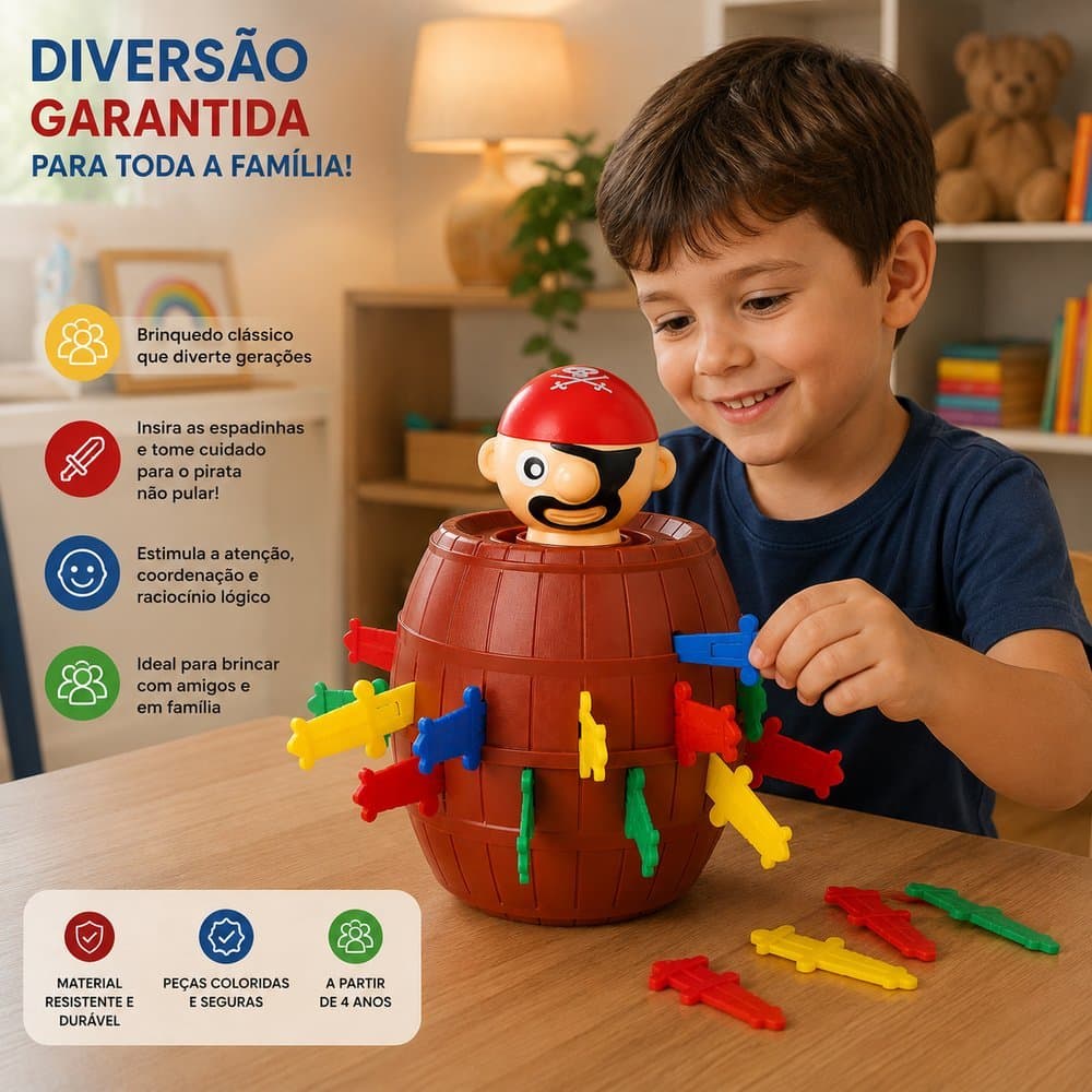 Jogo Pula Pirata Barril 16 Espadas Tamanho Médio 16 x 10 cm Brinquedo Infantil Interativo