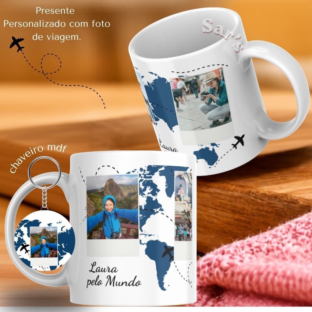 Caneca Viagem Personalizada com Fotos e Nome | Presente para Viajante | Mapa Mundo + Caixa Presente