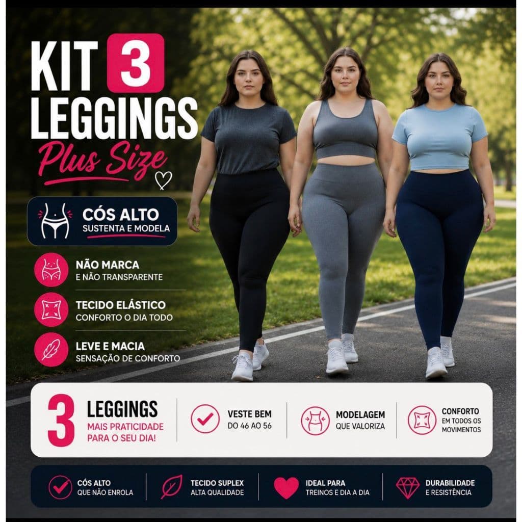 Kit 3 Calças Legging Plus Size Suplex Cintura Alta Costura Reforça