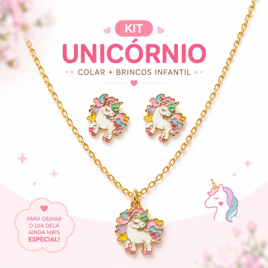 Kit Infantil Unicórnio Colar + Brinco Menina Acessório Infantil Presente