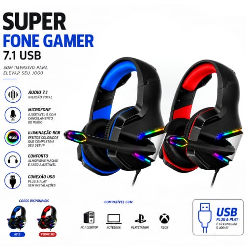 Headset Gamer USB com Microfone Integrado Som Potente Iluminação RGB Controle de Volume para PC Notebook Jogos