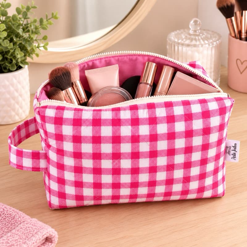 Necessaire Porta Maquiagem Xadrez Rosa