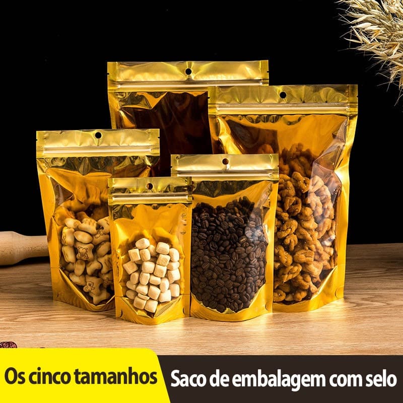 5/10 Unid Saco Zip Stand Up Pouch com Visor - Dourado Brilhante, Hermético e Impermeável