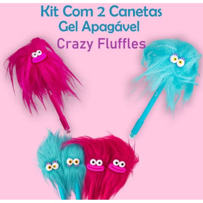 Kit 2 Canetas Gel Apagável Crazy Fluffles 0,7mm Divertidas, Criativas e com Pelúcia BRW Cor Rosa e Azul