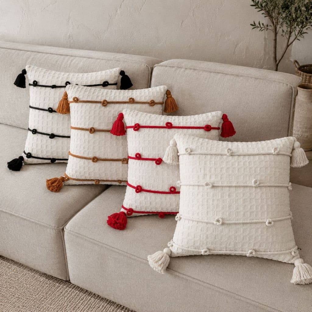 Capa de Almofada Lizie 42X42cm Algodão Boho Com Pompom - Para Sofá e Cama