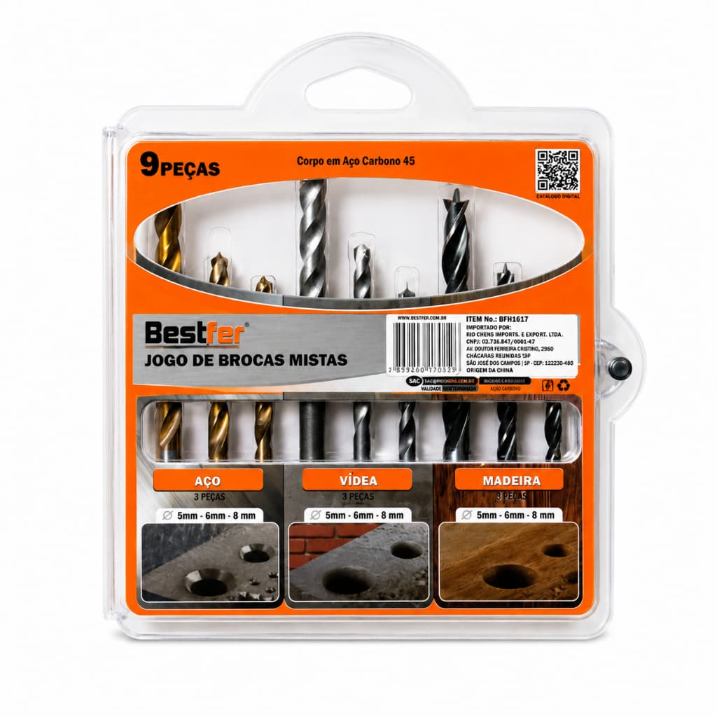 Kit Jogo de Broca Mista | 9 brocas | Madeira Metal Concreto