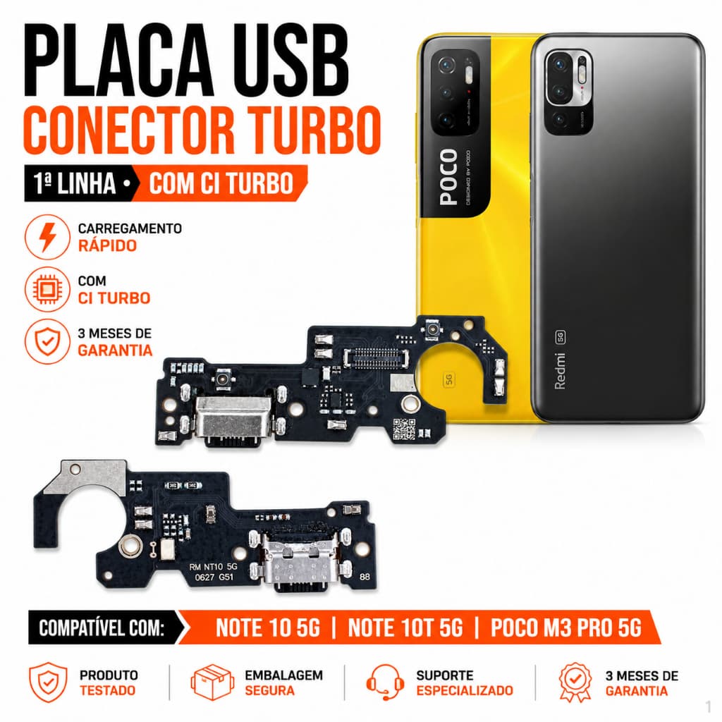 Dock Carga Redmi Note 10T 5G/10 5G/POCO M3 Pro 5G Placa USB Conector Sub CI Turbo 1ª Linha Celular