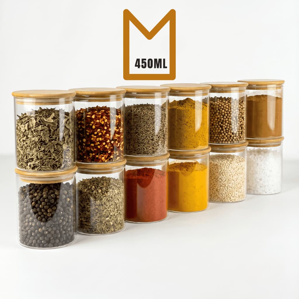 Kit 12 Porta Temperos 450ML Tampa de Bambu Potes de Vidro Herméticos Condimentos Cozinha