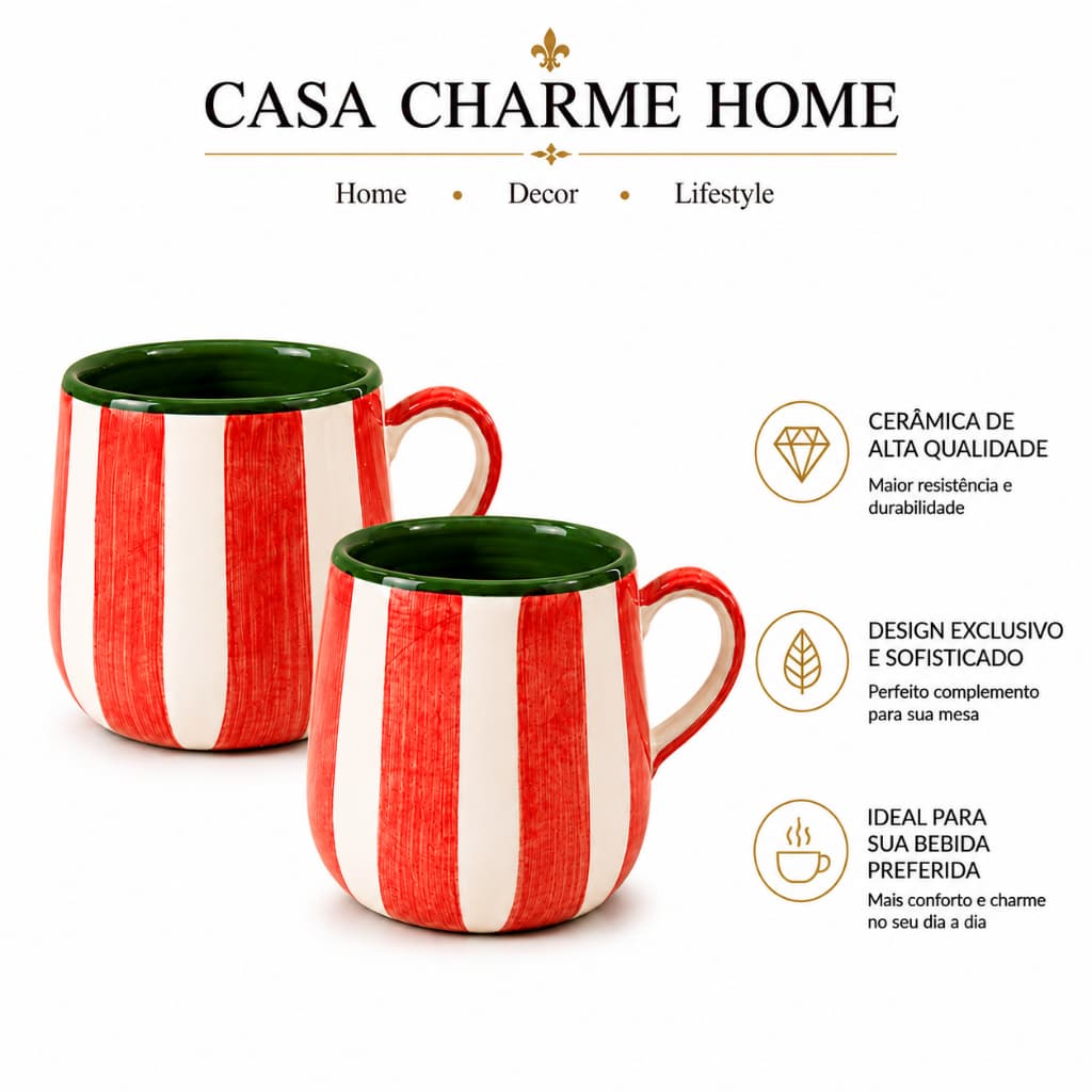 Kit 2 Canecas de Cerâmica Pintada a Mão Café Cappuccino Chá Artesanal Natal