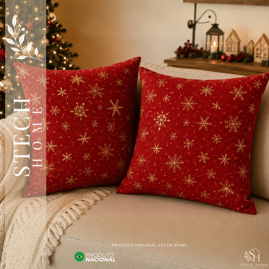 Almofadas natalinas estampada e lisa estrelas vermelho e dourado estrelinha natal 45x45 com enchimento e zíper