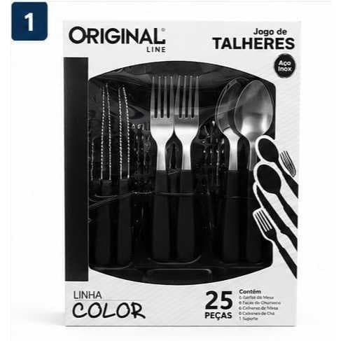 Jogo de Talheres 25 Peças Original Line com Suporte Faqueiro Inox Garfo Faca Colher Preto