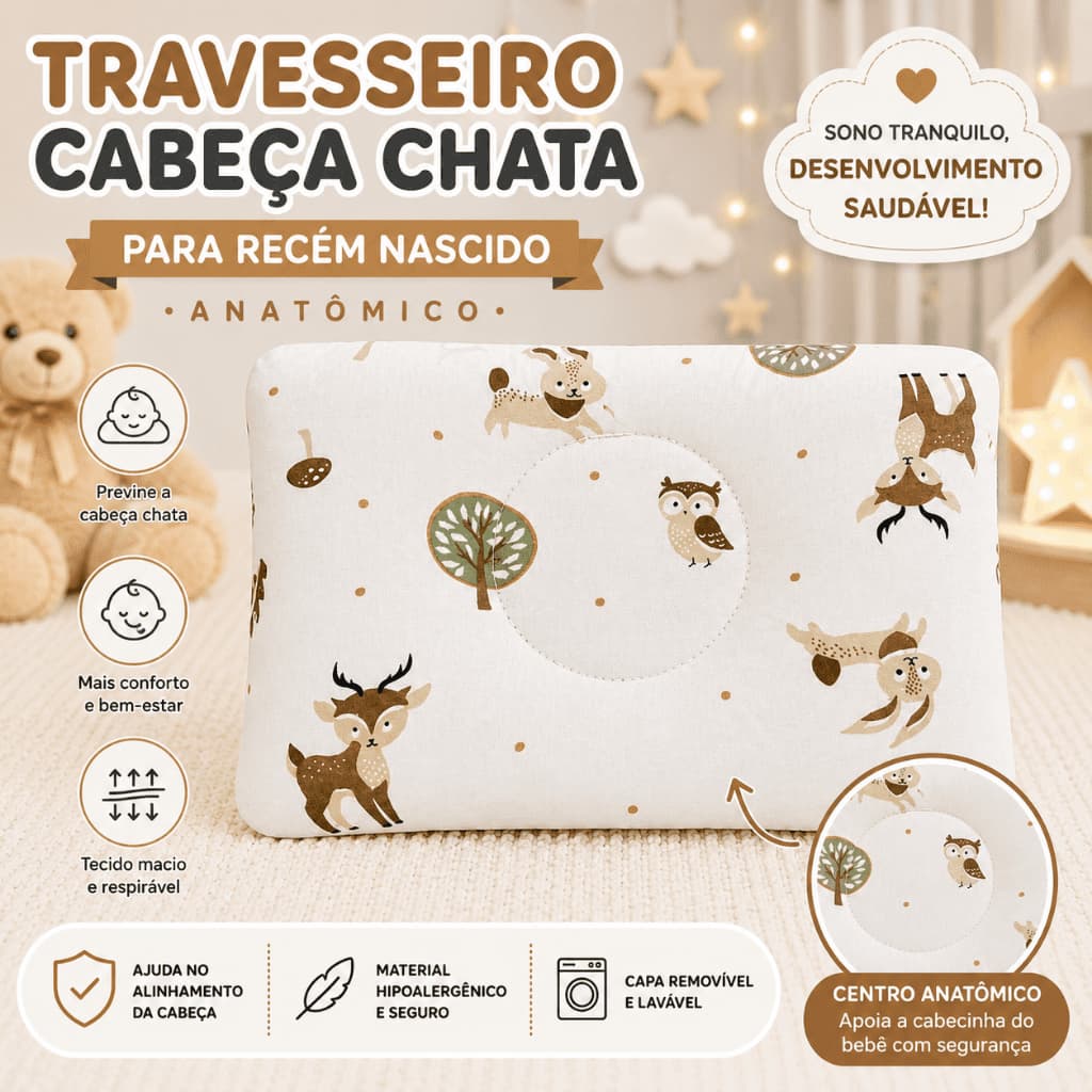 Travesseiro para Bebê Recém Nascido Anatômico Cabeça Chata Confortável Infantil