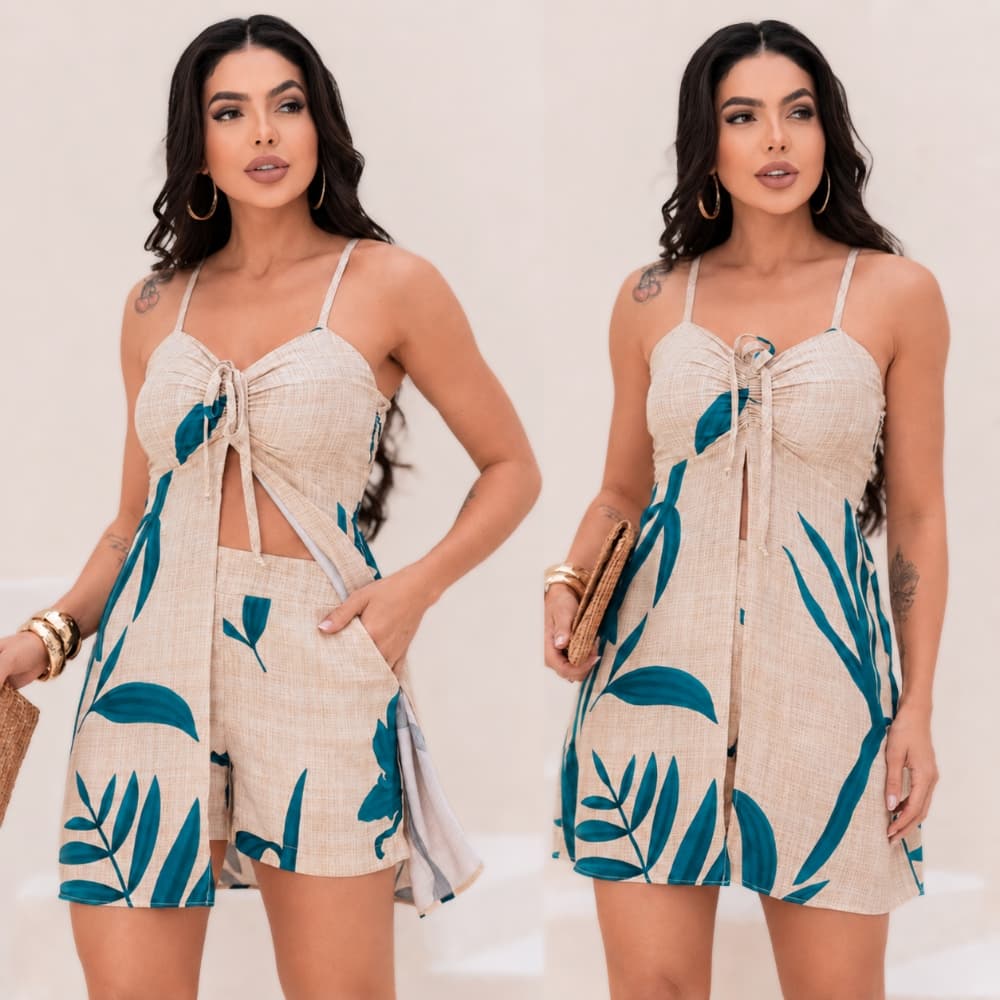 Conjunto Feminino Vestido Bata e Short, Elegante Conjunto Estampado Moda Verão, Casual Confortavel Tecido Premium