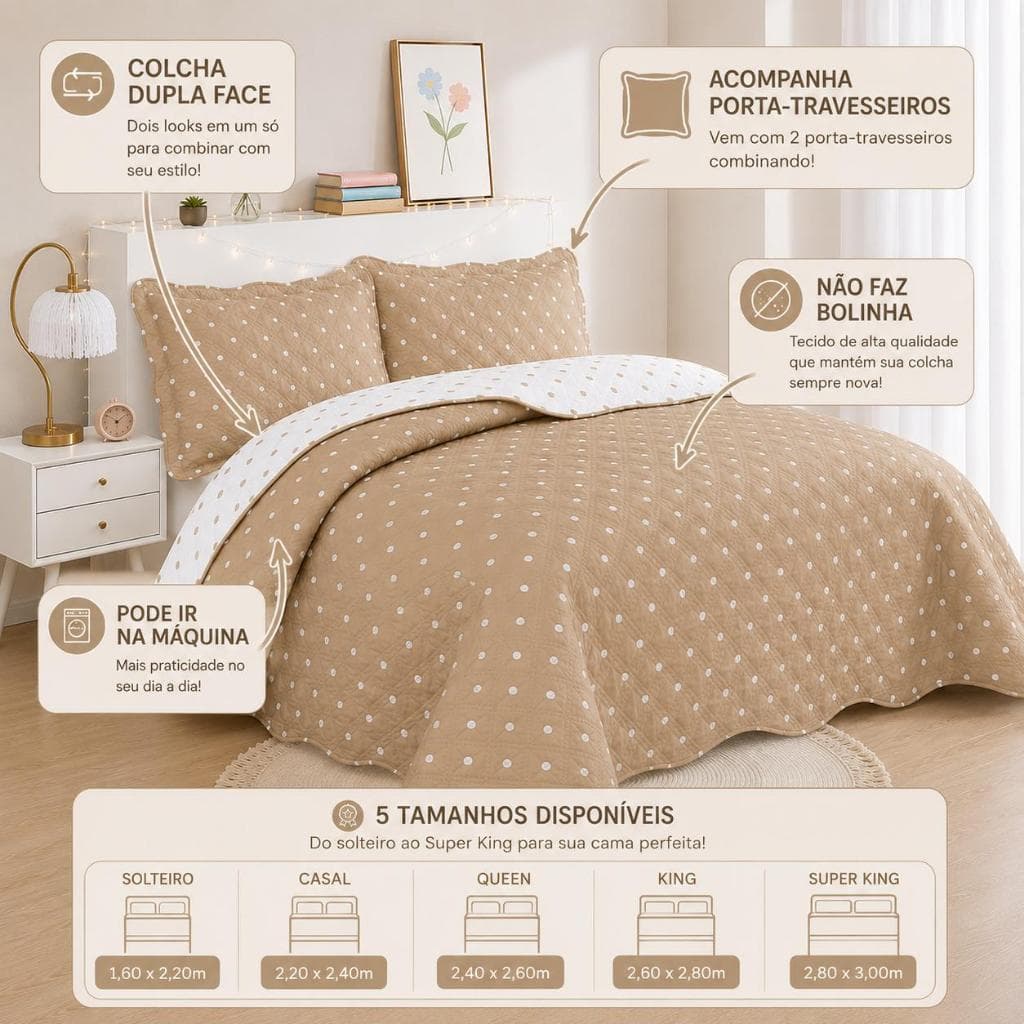 Colcha Cobre Leito 3 Peças Dupla Face Poá do Solteiro ao Super King Estampada Confortável Premium