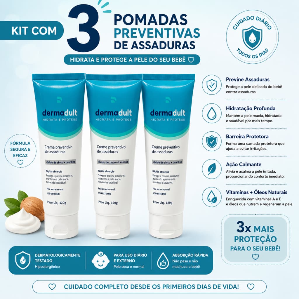 Kit com 3 Pomadas em Creme Preventivo de Assaduras Dermadult – 120g cada