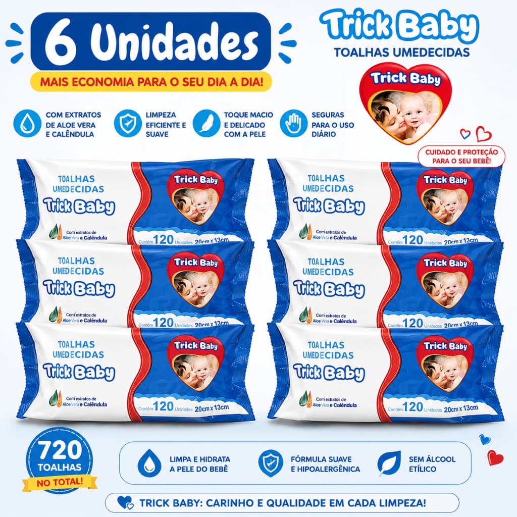 Kit 6 Pacotes Lenços Umedecidos Trick Baby 120 Unidades - Total 720 Toalhas - Aloe Vera e Calêndula