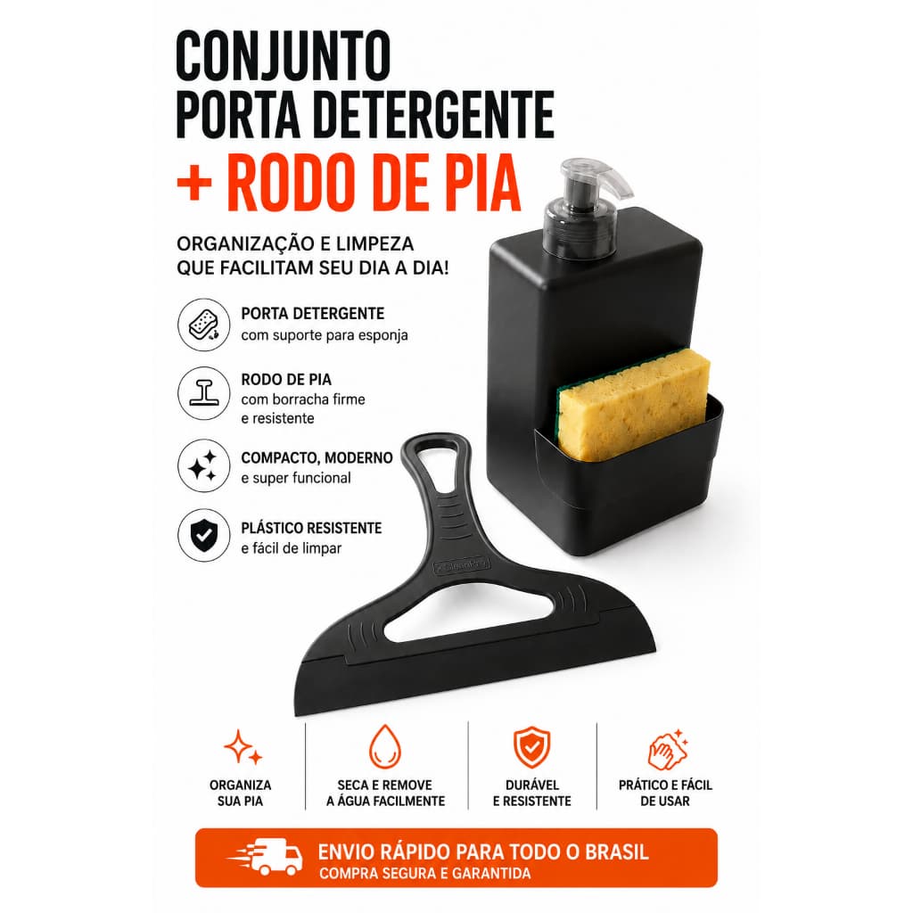Porta Detergente 550ml Sabão Dispenser 2 em 1 com Suporte Para Bucha Rodo de Pia