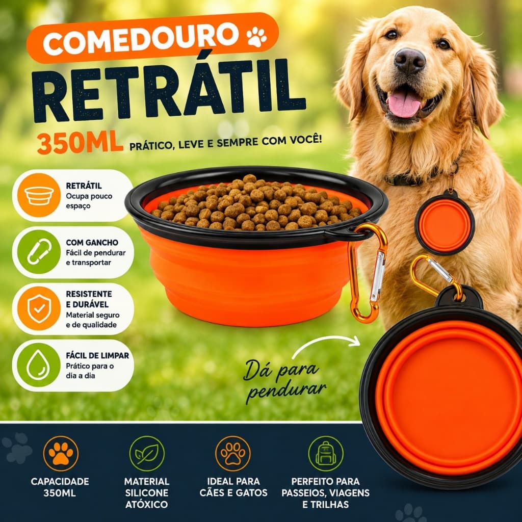 Comedouro Retrátil Pet 350ml Portátil Silicone com Mosquetão de Pendurar Cães e Gatos Passeios Viagens Cores Sortidas