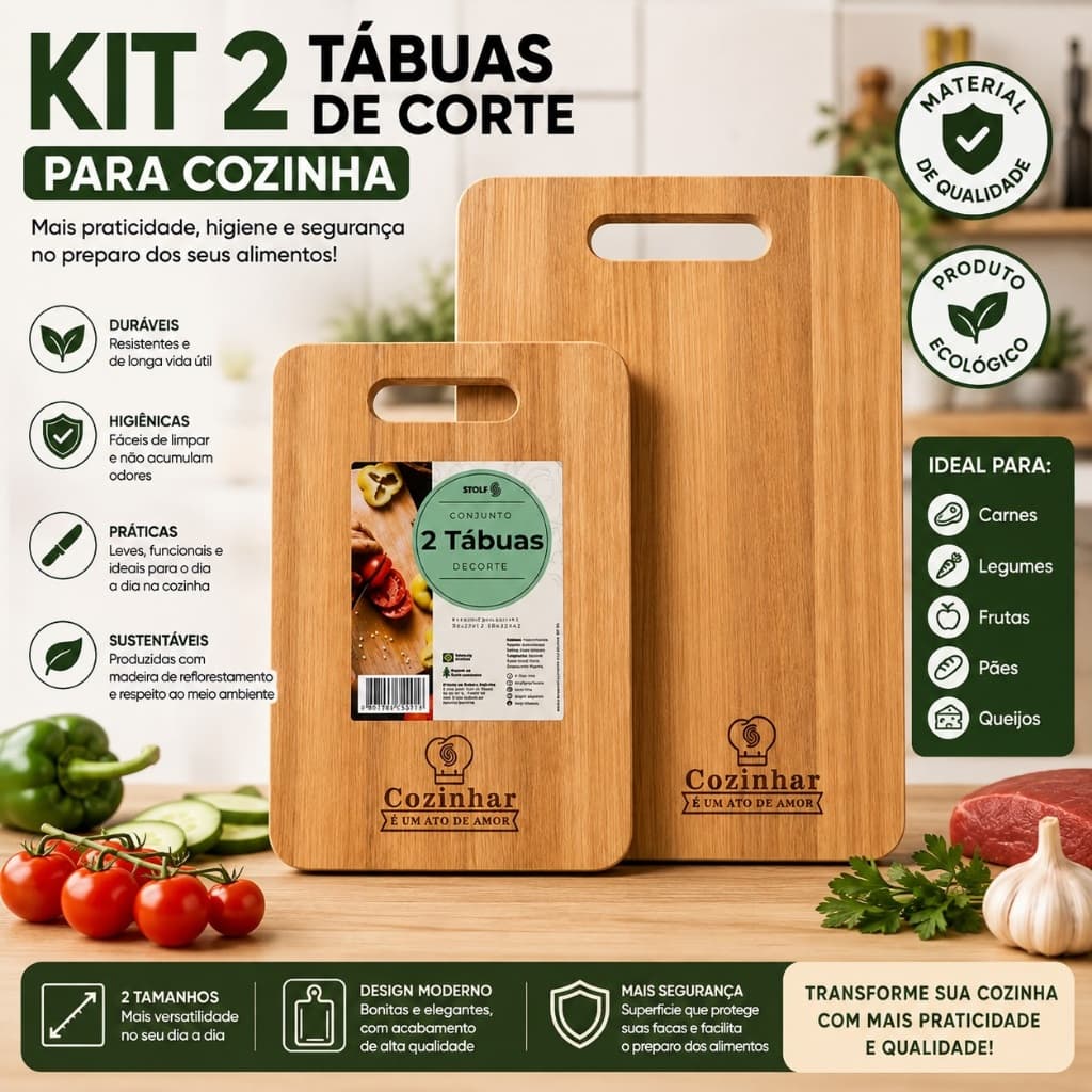 Kit 2 Tábuas de Corte para Cozinha – Duráveis, Higiênicas e Práticas para Carnes, Legumes e Alimentos