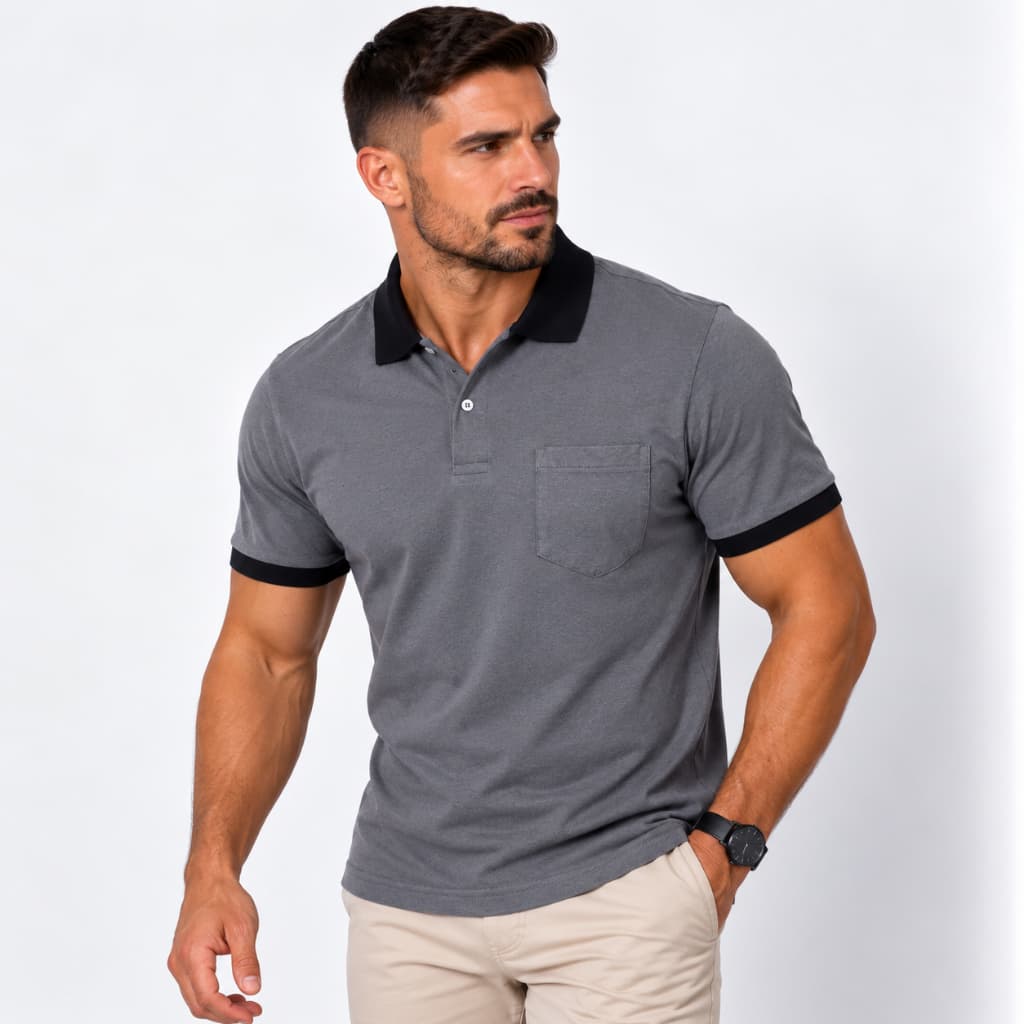Camisa Polo Masculina Cinza Chumbo Básica com Bolso 100% Algodão Casual