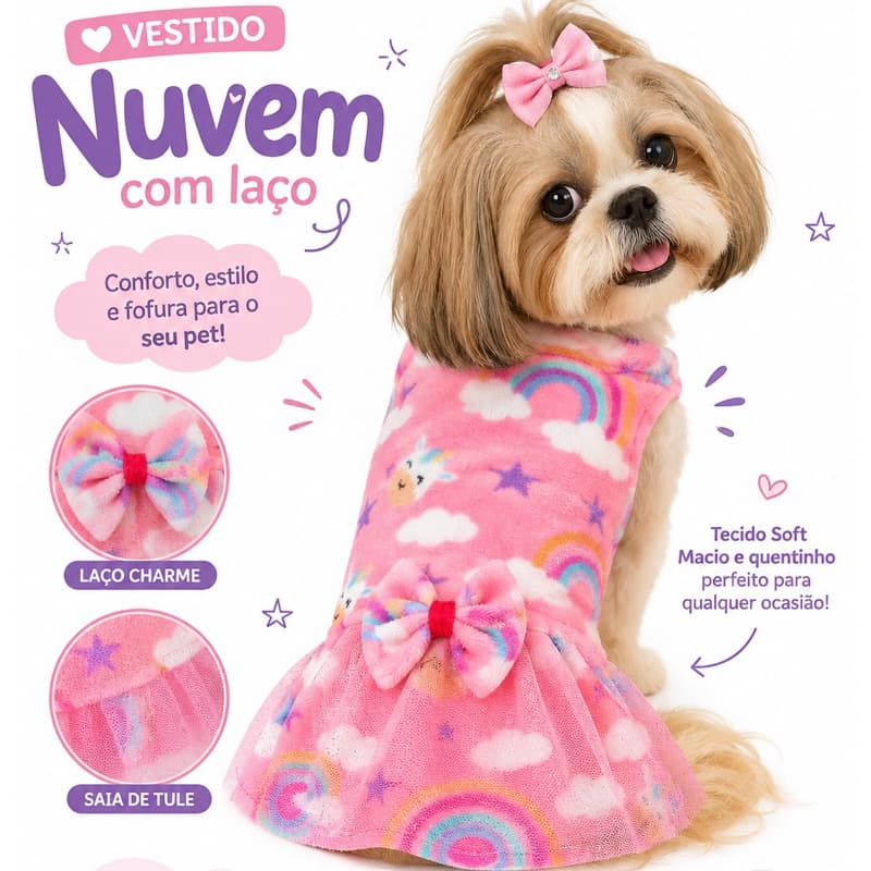 Vestido Pet Rosa Nuvem  + Brinde especial | Roupa de Frio para Cachorro