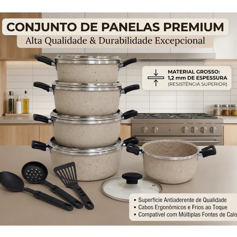 PANELA MARFIM COM 3 ULTENCILIOS - JOGO DE 5 PÇS PANELA RESISTENTE - PANELA GROSSA ANTIADERENTE