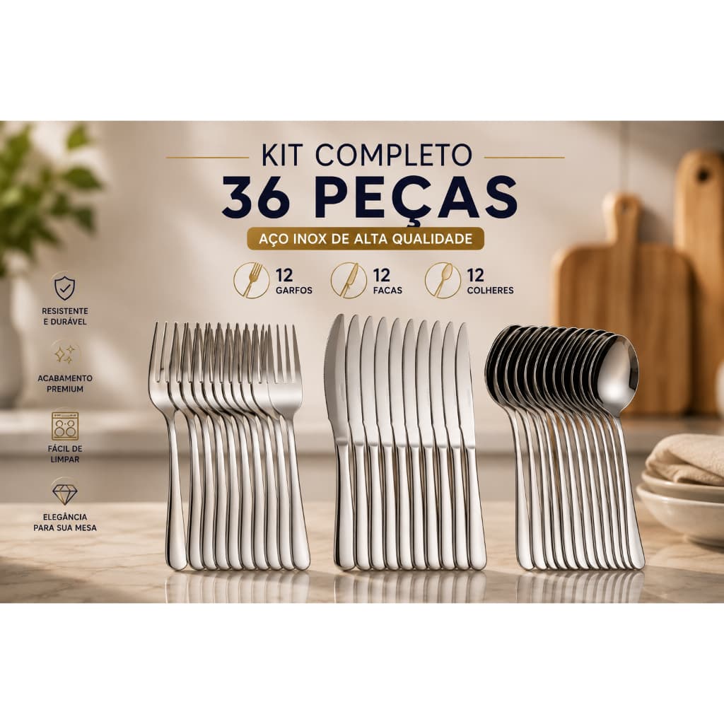 Jogo de Talheres 36 Peças em Aço Inox 12 Facas 12 Garfos 12 Colheres para Mesa Cozinha