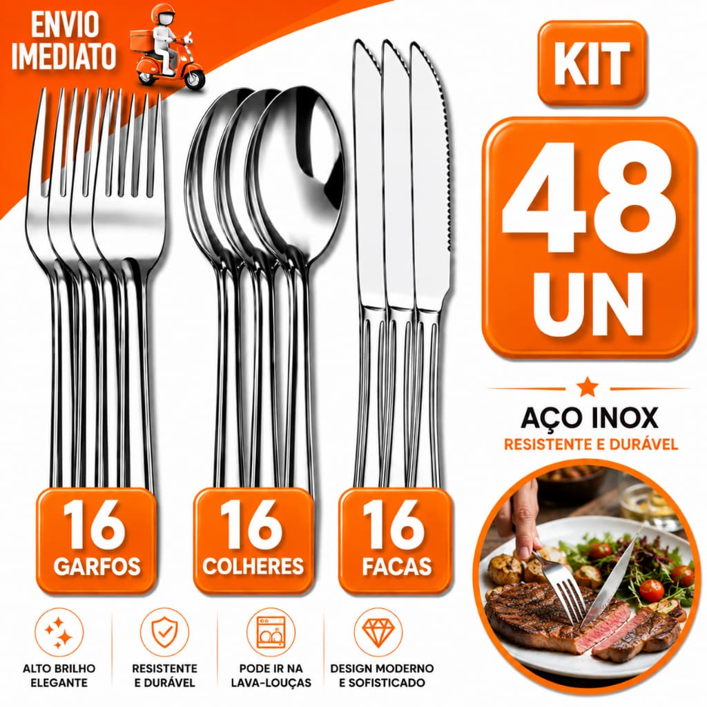 Kit 48 Talheres Aço Inox 16 Garfos + 16 Colheres + 16 Facas de Mesa Faqueiro Resistente Cozinha Restaurante Buffet