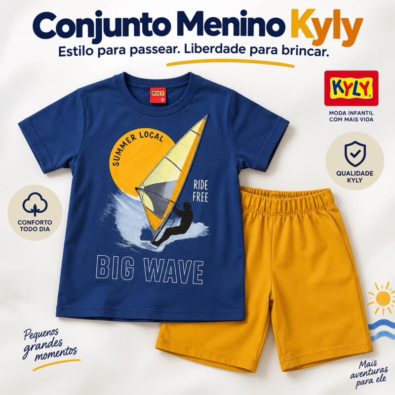 Conjunto Infantil Menino Kyly Camiseta Manga Curta e Bermuda com Elástico Tamanhos 4 6 8