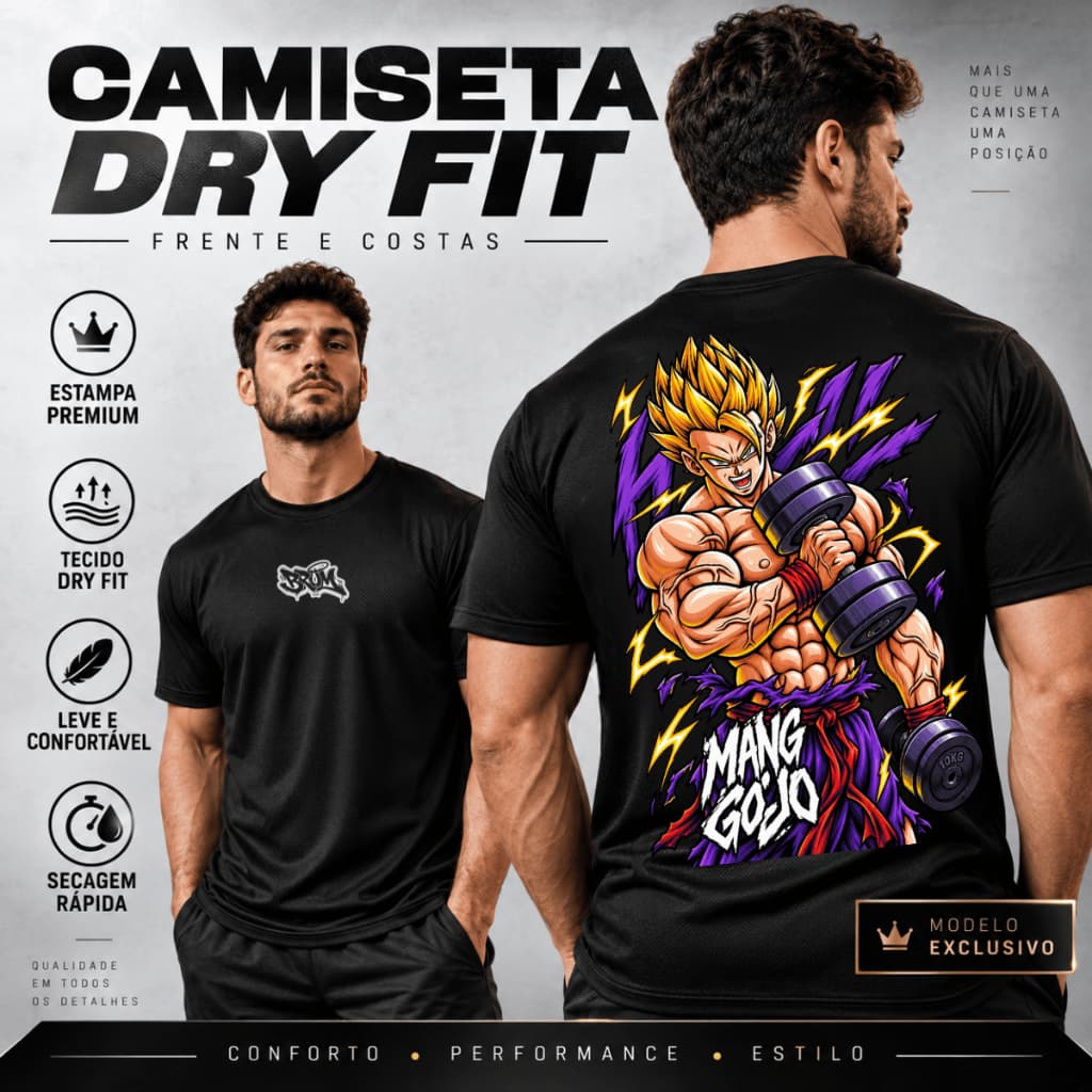 Camiseta Masculina Dry Fitness Estampa Goku Gym Academia, Treino, Corrida Cores Variadas.