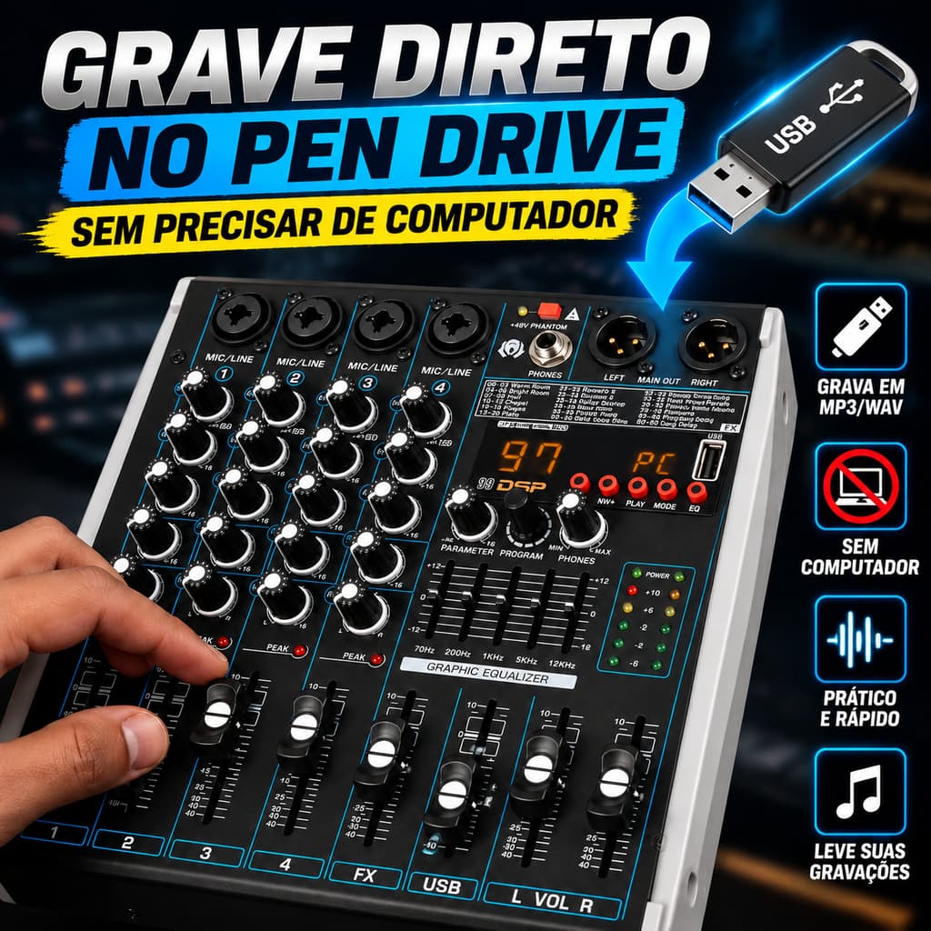 Mixer de Som 4 Canais MX4 Com Bluetooth USB MP3 E Gravação Direta