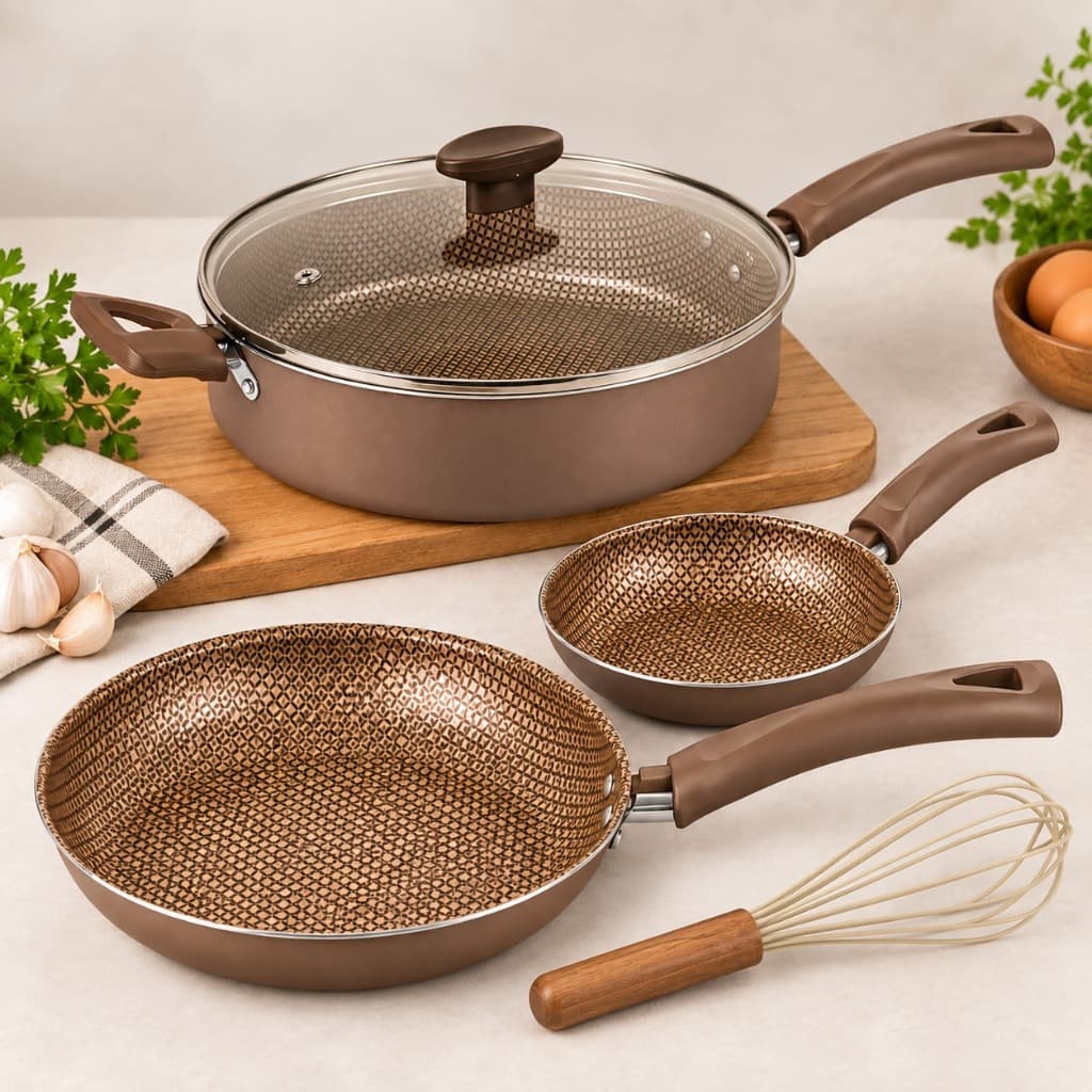 Kit 3 Frigideiras Antiaderentes Rosé Marrom + Fouet 24cm 22cm 14cm