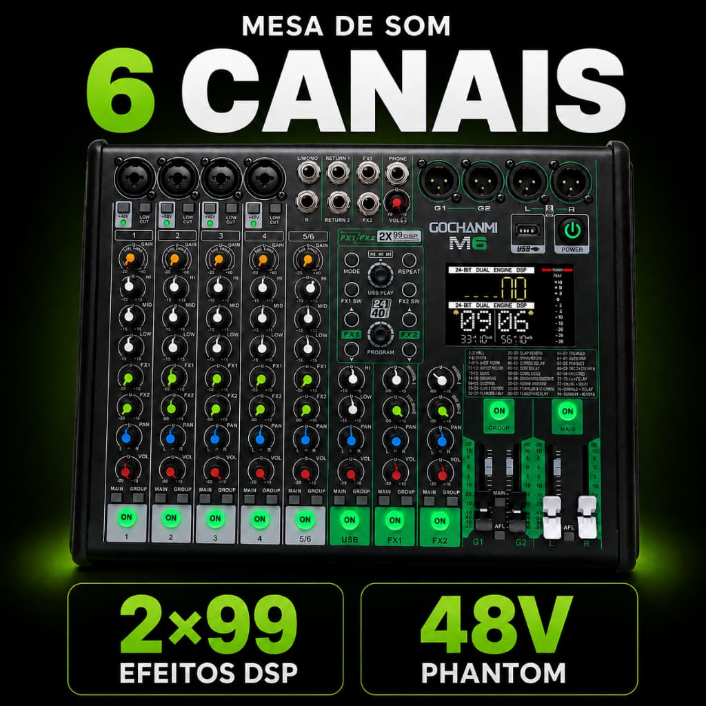 Mesa de Som 6 Canais 2x99 Efeitos DSP Phantom 48V USB Reverb para Igreja e Live
