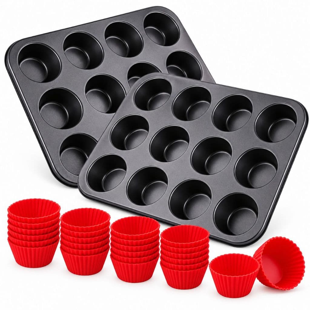 Kit Forminhas de Silicone Grande 7Cm Petit Gateau + Formas de Cupcake 12 Cavidades Teflon Muffin