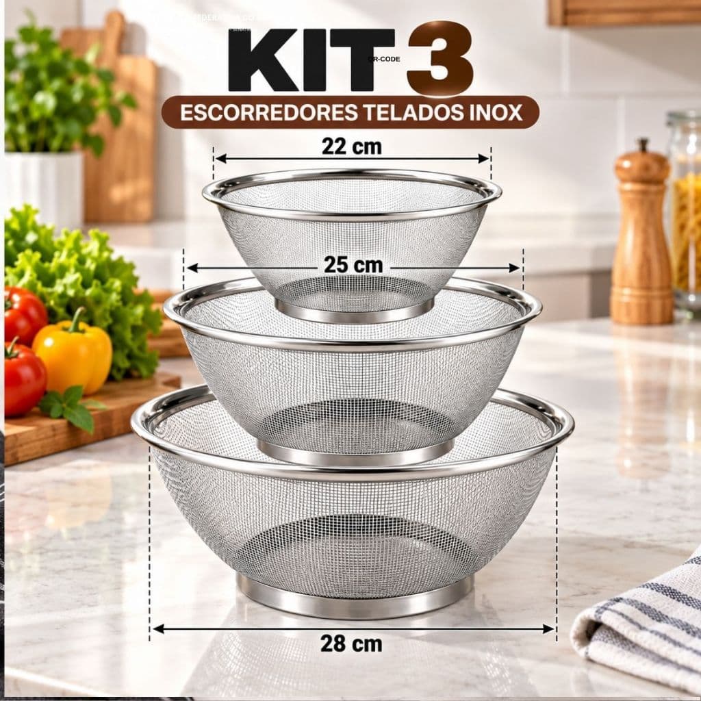 Escorredor Telado Inox 3 Tamanhos 22cm 25cm 28cm Cesto Peneira para Massa Arroz Frutas Legumes