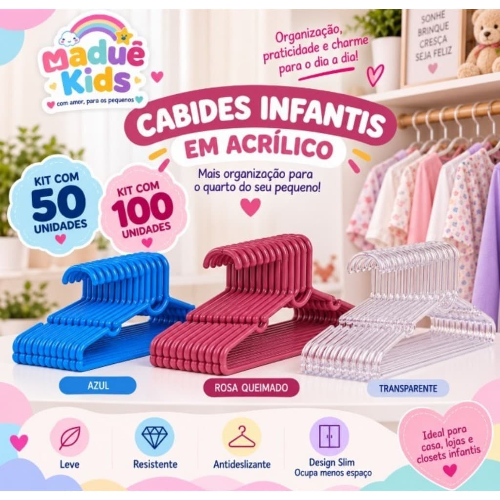 Kit 100 Cabide Infantil Acrílico Rosa Azul Transparente Direto da Fabrica Organizador