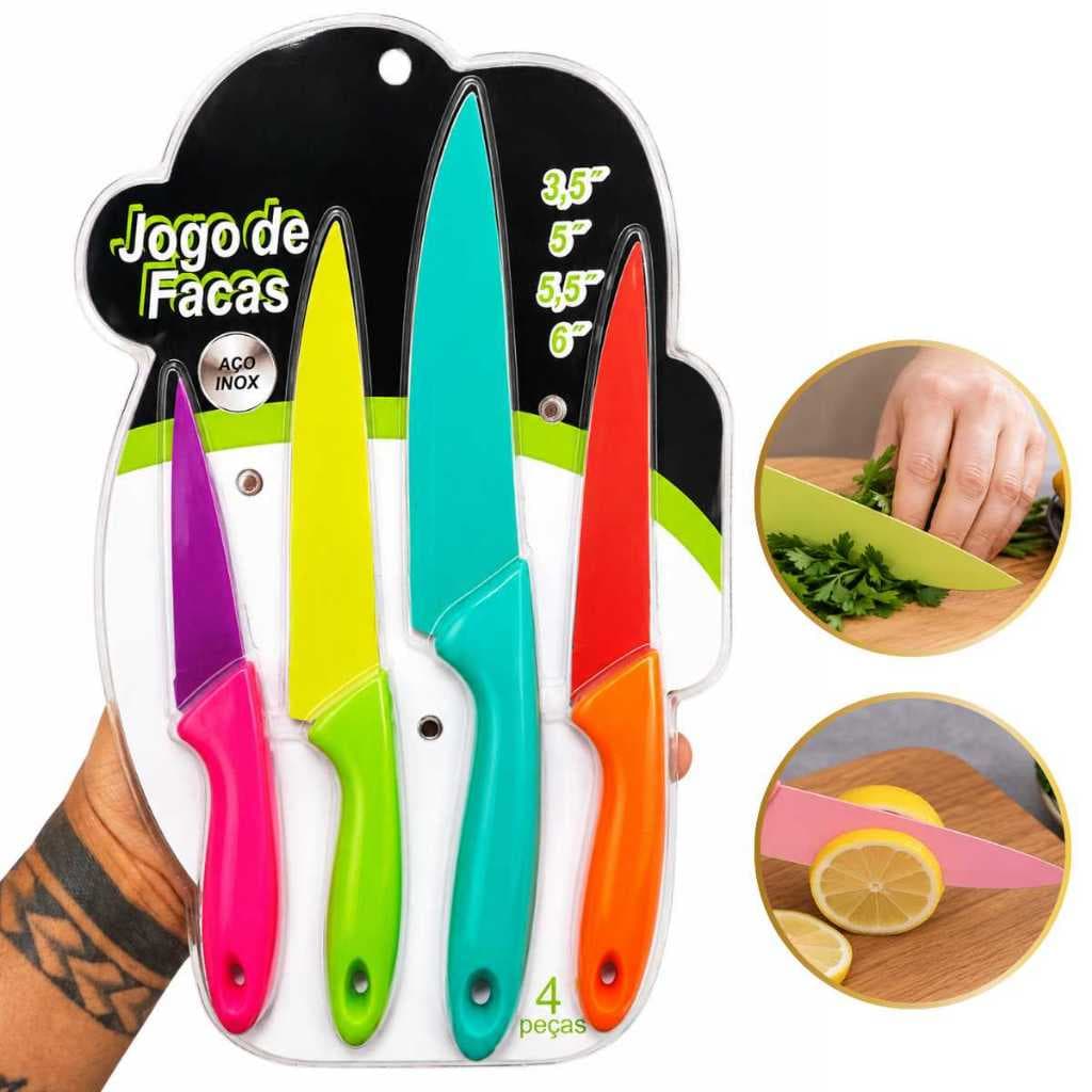 Conjunto Com 4 Facas Coloridas para Cozinha com Lâmina em Aço Inox e Cabos Plástico Colorido
