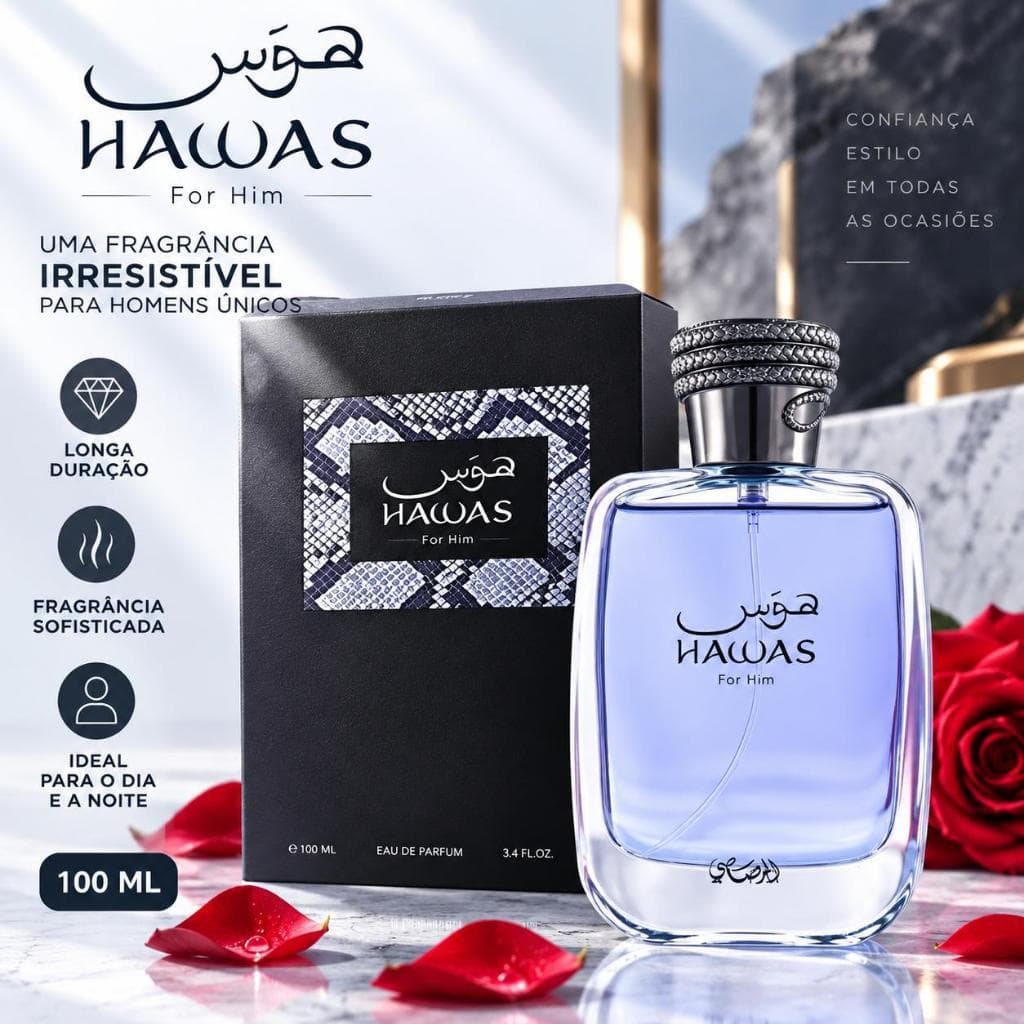Perfume Masculino Rasasi Hawas for Him 100ml EDP – Perfume Árabe com Fragrância Aquática, Âmbar e Almíscar, Longa Duraçã