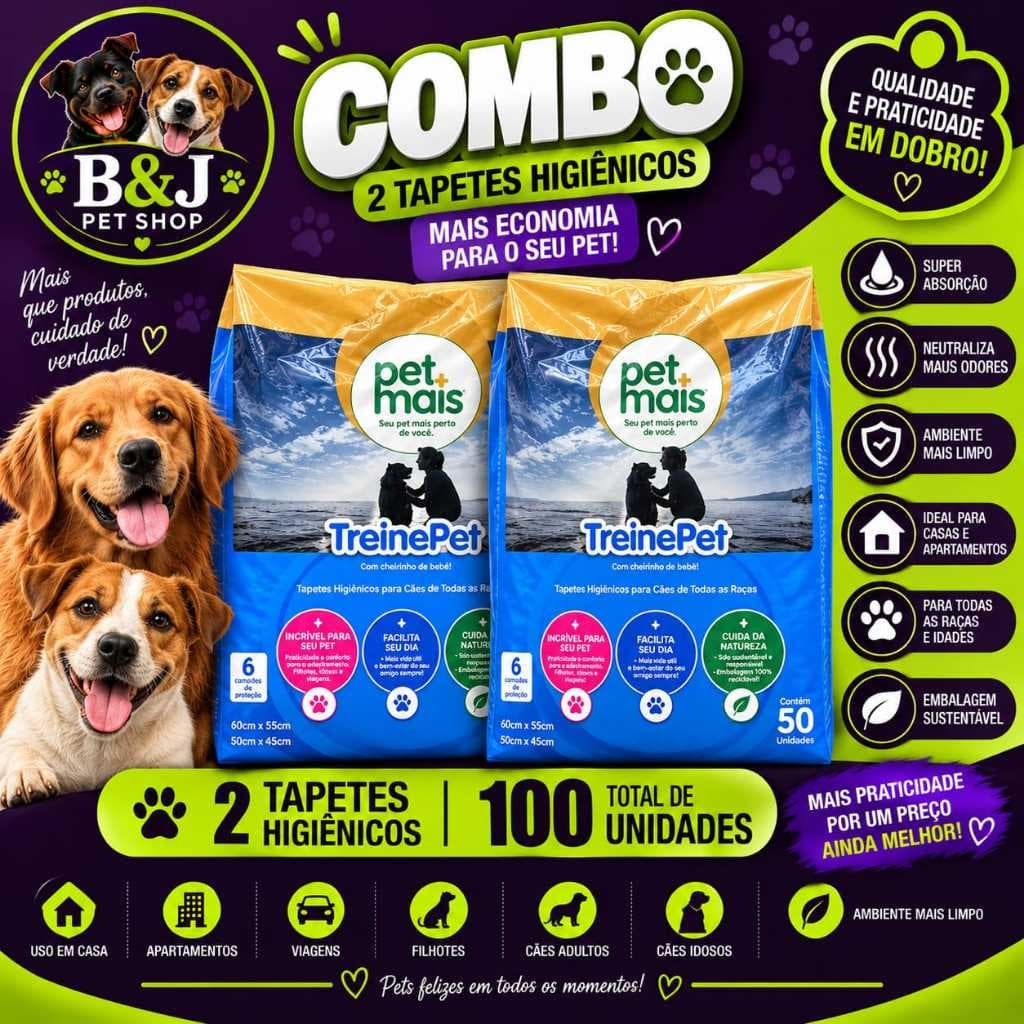 TAPETES HIGIÊNICOS TREINE PET PETMAIS – KIT 2x 50 UNIDADES