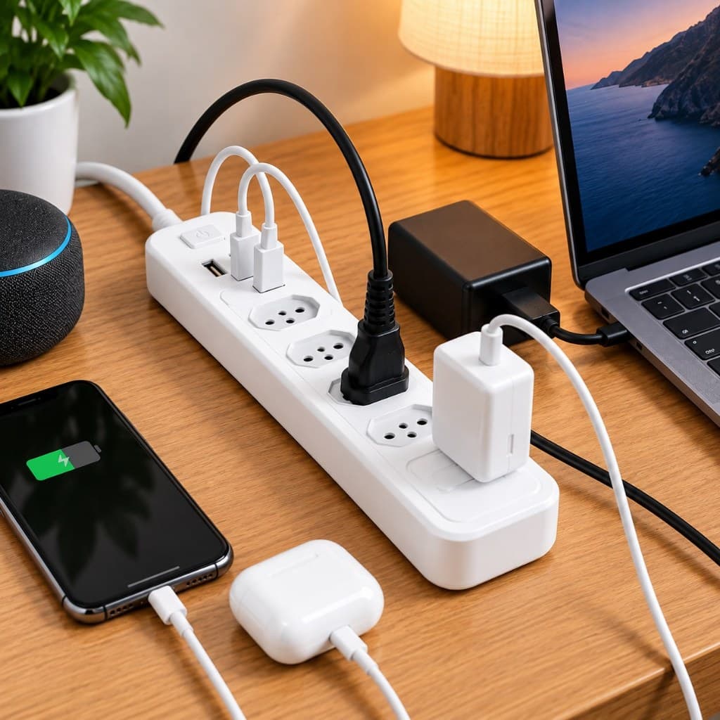 Extensão Elétrica com 4 Tomadas e 2 Entradas USB 2 Metros Régua de Energia