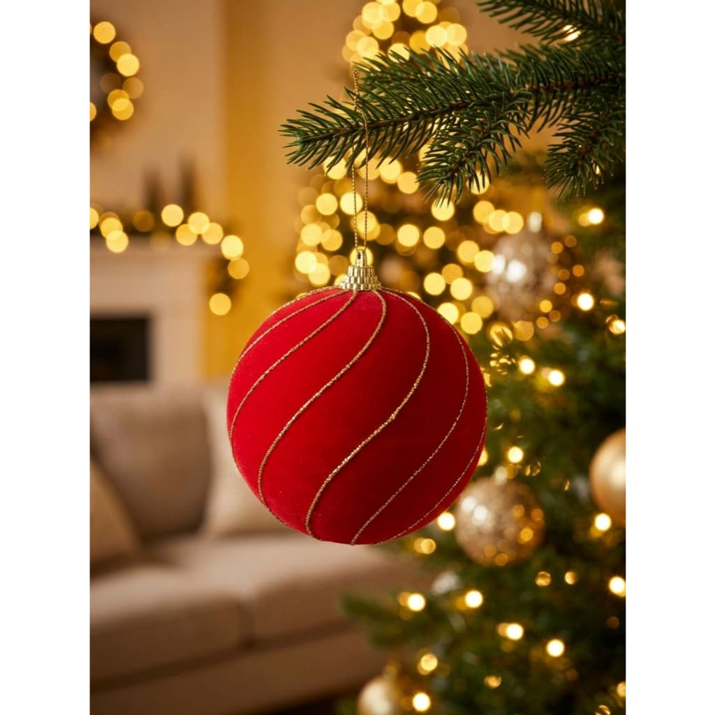 Kit 2x Bolas de Natal Vermelha Aveludada com Linhas Douradas